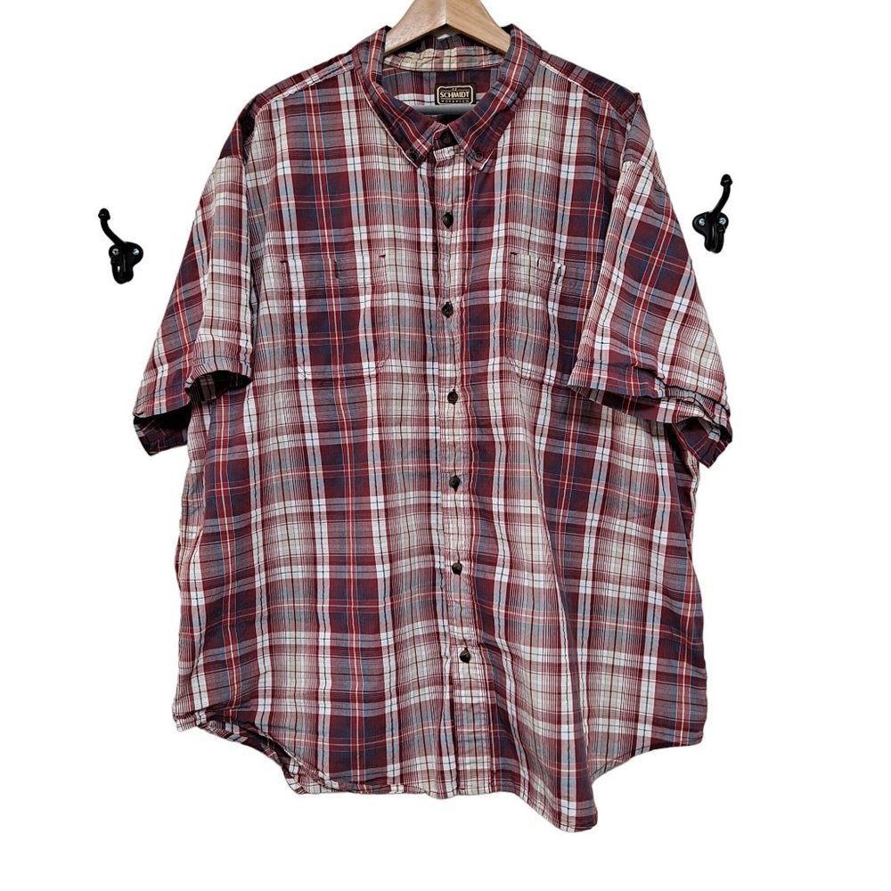 Schmidt Shirt Men Size 3XL Short Sleeve Button up Collared Plaid Workwear Red